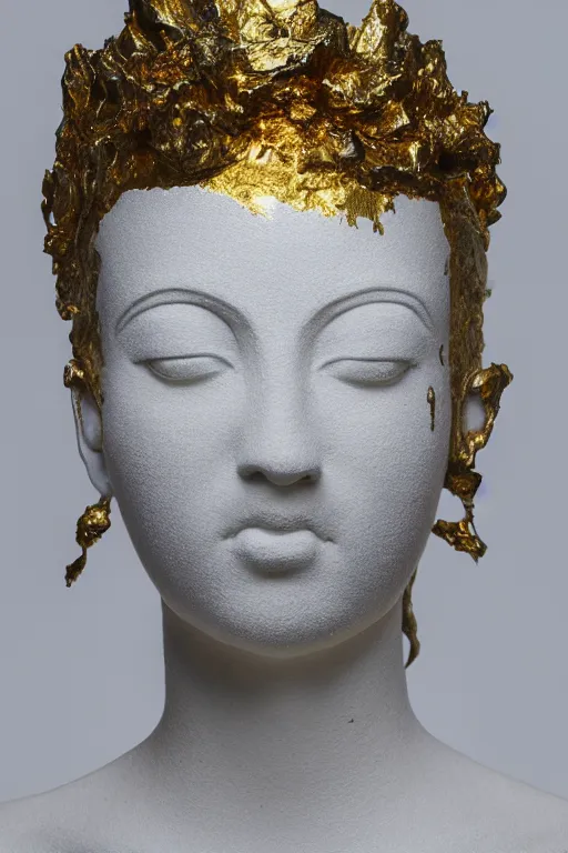 Image similar to full head and shoulders, beautiful modern female, white colourful porcelain sculpture, smooth, shiny, hindu god, with lots of ornate gold leaf, attached to head by daniel arsham and james jean, on a white background, delicate facial features