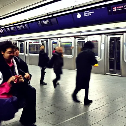 Image similar to people of rer b, subway, vivid atmosphere, happy mood