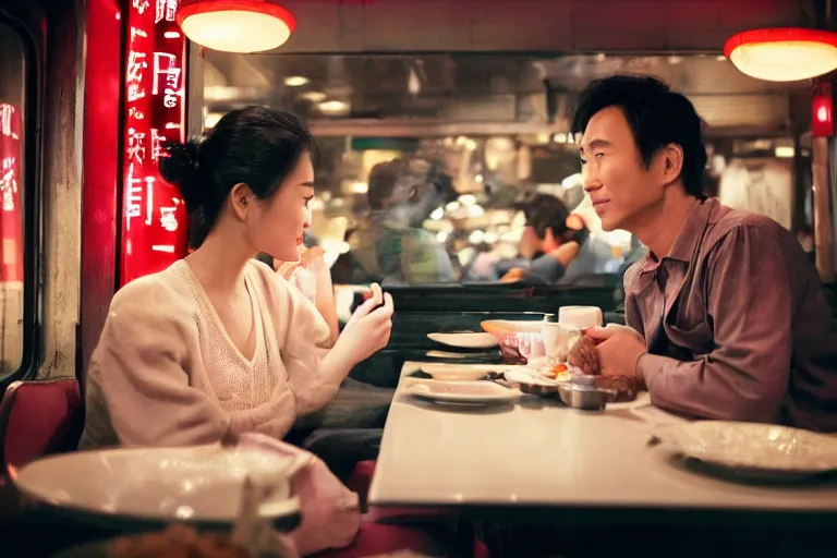 Image similar to VFX movie interior closeup beautiful Asian couple closeup sitting at 50s diner, night in the city, by Emmanuel Lubezki