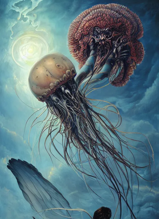 Image similar to an anatomical oil painting of a Harpy jellyfish from a medical journal by Nychos, Julie Bell, Peter Mohrbacher highly detailed, high detail, 8k, storm clouds, birds, dramatic lighting