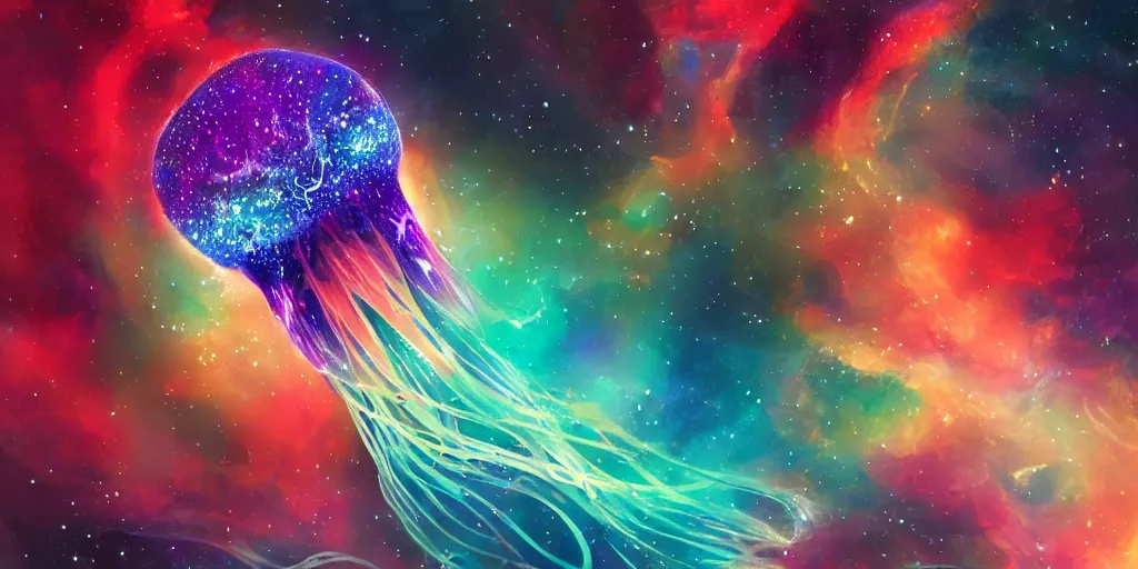 Image similar to Beautiful multi colored jellyfish in space, nebula, gorgeous, amazing, elegant, intricate, highly detailed, digital painting, artstation, concept art, sharp focus, illustration, art by Ross tran