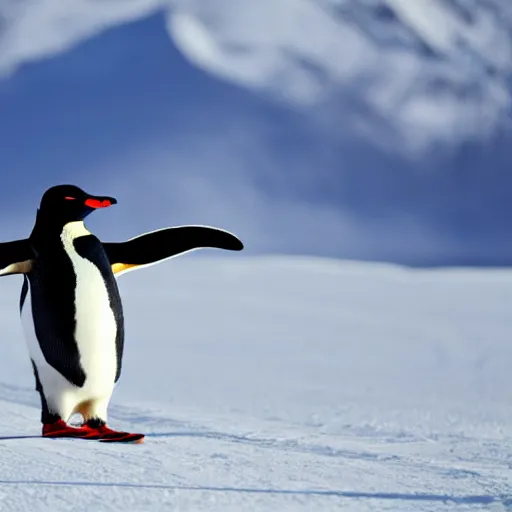 Prompt: penguin (on skis) skiing on snow, snowy mountain background, snowing