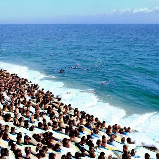 Image similar to a million tiny little idiots standing in the ocean