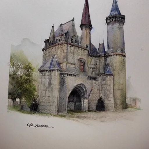 Image similar to (((((((watercolor sketch of Gothic revival castle gatehouse))))))) . muted colors. by Jean-Baptiste Monge !!!!!!!!!!!!!!!!!!!!!!!!!!!!!!!!!!!!!!!! ((((((((((((((((((watercolor sketch))))))))))))))))))