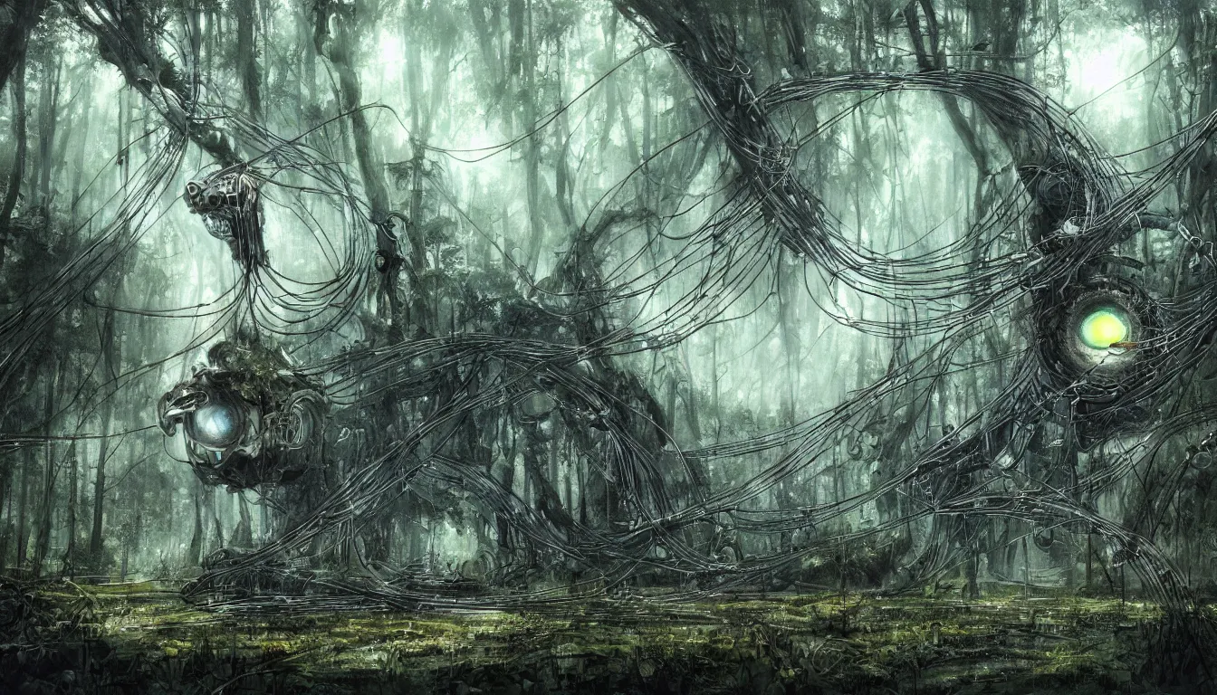 Image similar to a big eye wrapped in wires floats above the ground in a dense forest, illustration by john taylor dismukes, by dave lafleur, luis royo artwork, smooth shading, ultra detailed, high resolution, cinematic, chrome art, rich deep colors, unreal 6