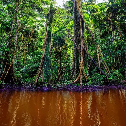 Image similar to magical trees and the amazon river in the amazon rainforest by anderson debernardi and pablo amaringo