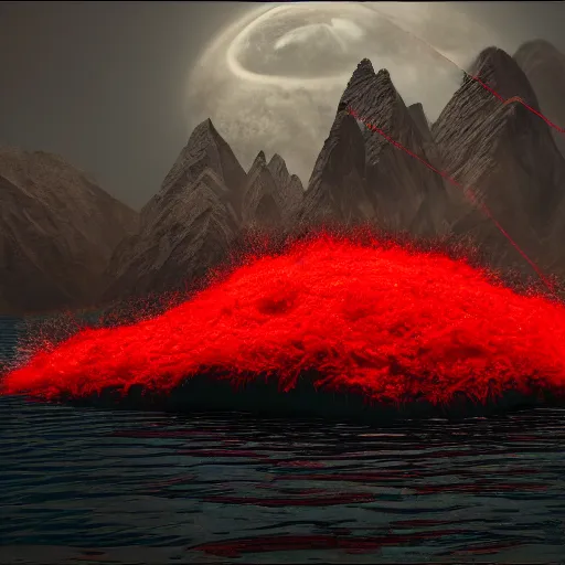 Image similar to a large glob of black fuzz floating in the middle of the screen, with a red outline, matte painting, concept art, 4 k