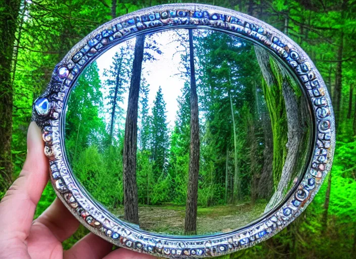 Image similar to photo of a crystal mirror that is a portal to another magical world. Forest in the background. Fantasy magic style. Highly detailed 8k. Intricate. Nikon d850 55mm. Award winning photography.