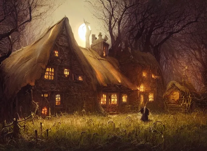 Prompt: the cottage of a Witch, scarecrow, a fantasy digital painting by Greg Rutkowski and James Gurney, trending on Artstation, highly detailed