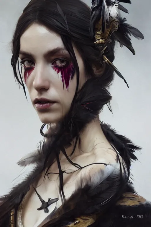 Image similar to hyper realistic portrait painting, beautifully rendered, gorgeous young witch with ceremonial markings and black feathers painted by greg rutkowski, wlop, artgerm, dishonored 2