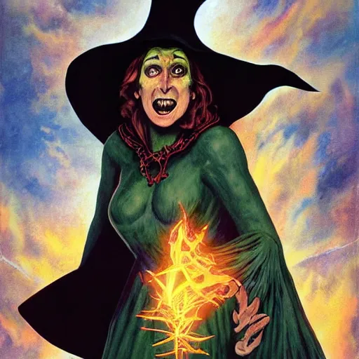 Prompt: epic fantasy painting of the wicked witch of the west summoning magical energy in order to shoot a huge fireball ; action pose, intense screaming expression, oz series, played by margaret hamilton, thatched worn rooftop background, art by adam hughes, in the style of adam hughes