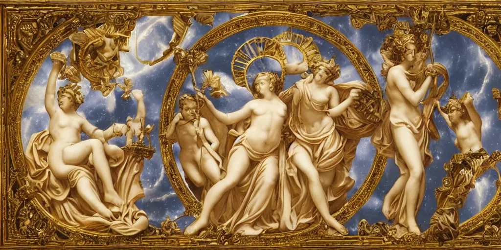 Prompt: saint Woman Venus Athena beautiful gracious baroque marble and gold in space sistina stars clouds winged butterflies