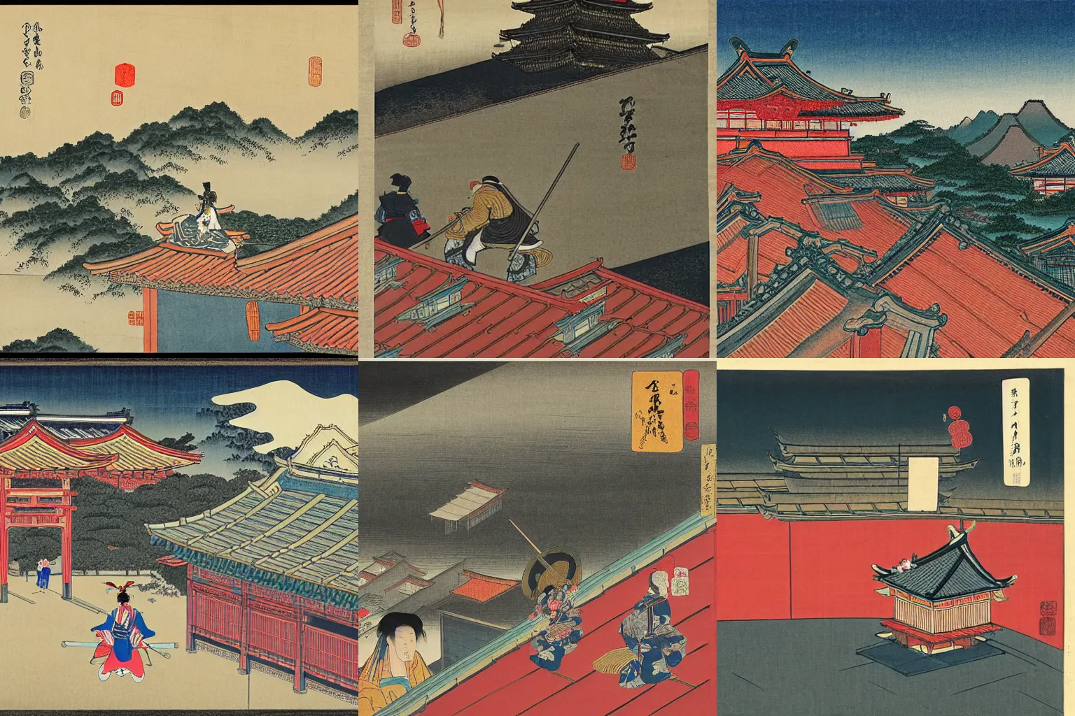 Prompt: samurai on the roof of a chinese building, chinese village on background, ukiyo-e, hokusai