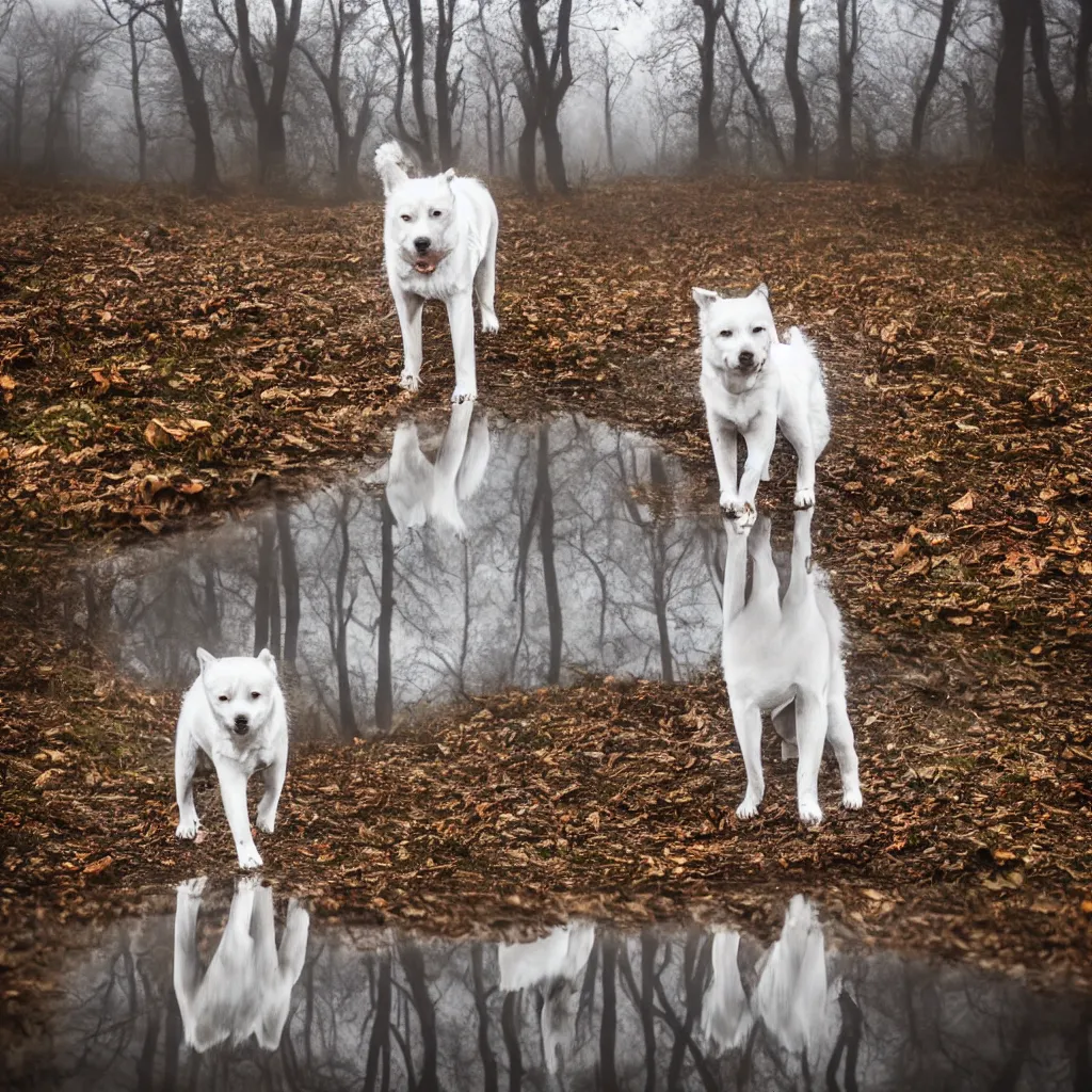 Image similar to white siberian laika dog, with reflection in the puddle, foggy old forest, very detailed, 4 k, professional photography