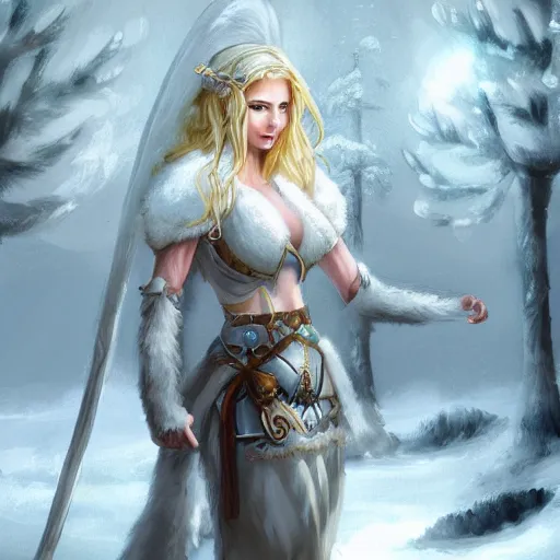 Prompt: pretty, beautiful, blonde, angelic, warrior ice princess standing in moonlit forest, snow covered ground, DnD character art, matte fantasy painting, DeviantArt Artstation, high resolution