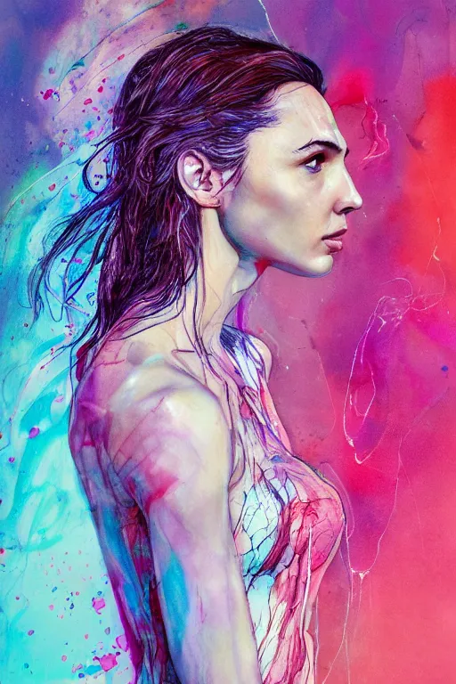 Image similar to gal gadot by agnes cecile enki bilal moebius, intricated details, 3 / 4 back view, full body portrait, extremely luminous bright design, pastel colours, drips, autumn lights