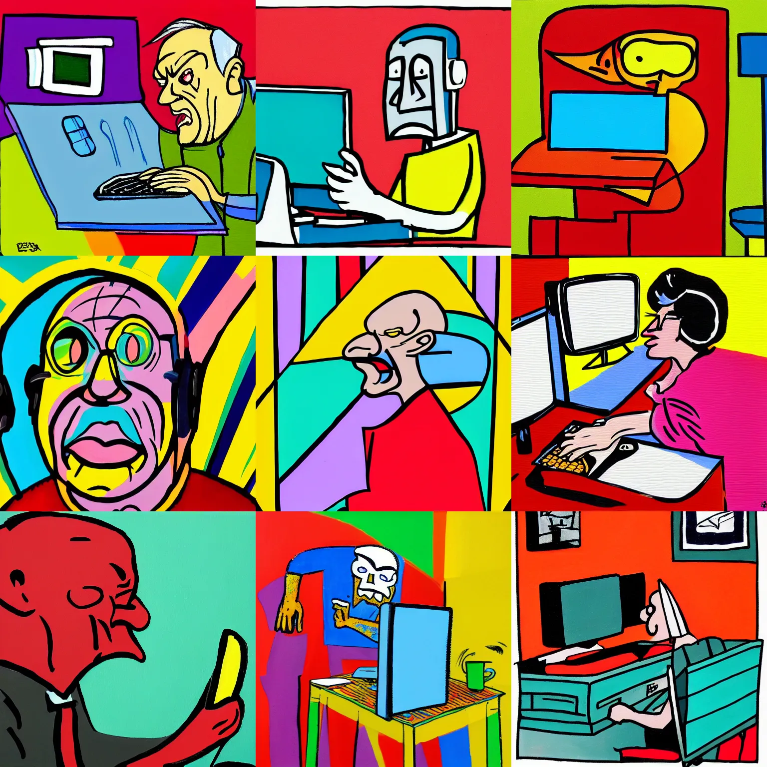 Prompt: painting of an old boomer angry at a computer, bold lines, bright, colorful