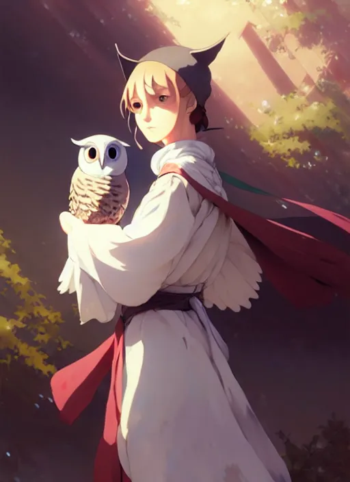 Image similar to florence nightingale with her pet owl in the pocket of her apron, trending on pixiv fanbox, painted by greg rutkowski makoto shinkai takashi takeuchi studio ghibli