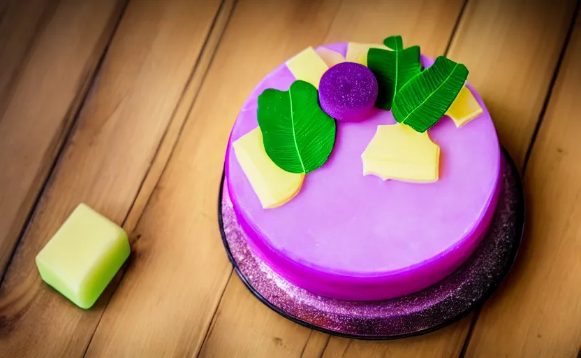 Prompt: A photo of a swedish princess cake from the side on a wooden table, covered with purple marzipan, some powder sugar and a green marzipan leaf in the center. Sunset. 4K. Cinematic lighting. High detail. Realistic. Delicious.