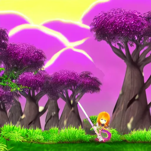 Prompt: render of a chibi knight standing a poison forest, poison is purple clouds among green trees, third person game screenshot 2 0 1 1, ps 3