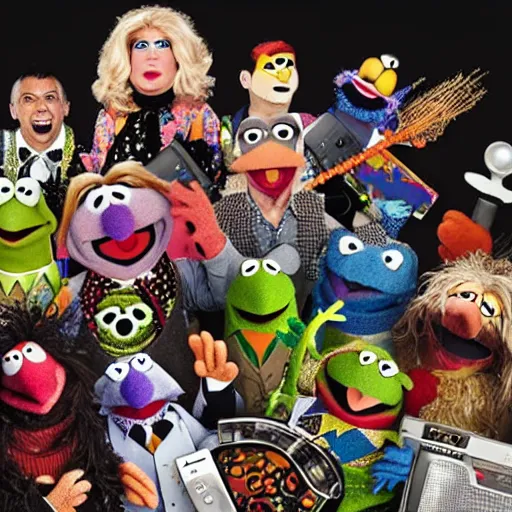 Image similar to muppets covered in electronic garbage