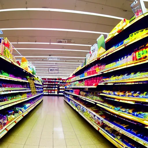 Image similar to supermarket aisles, shoppers, fisheye lens, color, fluorescent lighting,