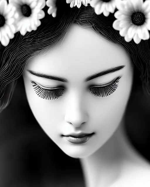Image similar to black and white dreamy young beautiful veiled female artificial intelligence, realistic flowers ornament in the face, long hair are intricate with highly detailed realistic flowers, cinematic, rim light, bokeh, photo - realistic, elegant, high detail, 8 k, masterpiece, photo taken in 1 9 3 0