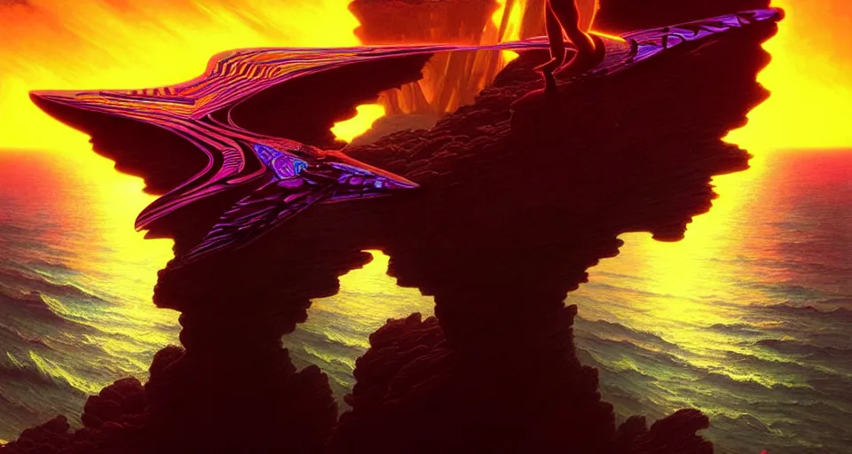 Image similar to psychedelic tron wings in front mind bending sunset, cliffside ocean scene, backlit, aesthetic, diffuse lighting, hyper realistic, elegant, intricate, hyper detailed, smooth, sharp focus, concept art, illustration, trending on artstation, art by artem demura, greg rutkowski, james gurney, and alphonse mucha