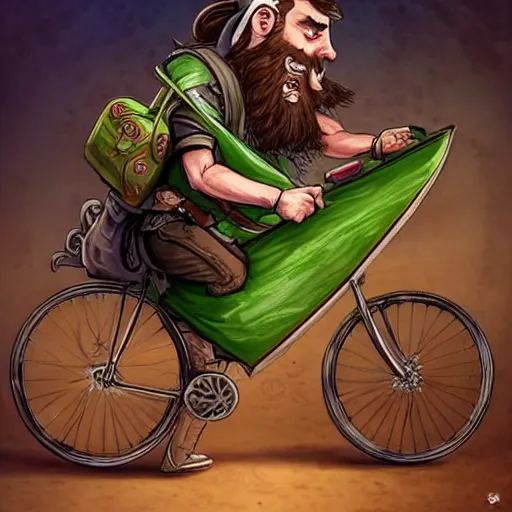 Prompt: a bearded and long haired bicycle food delivery worker with a green bag on his back in rossio lisbon, he has boots, hearthstone art style, epic fantasy style art by kim jung gi, fantasy epic digital art