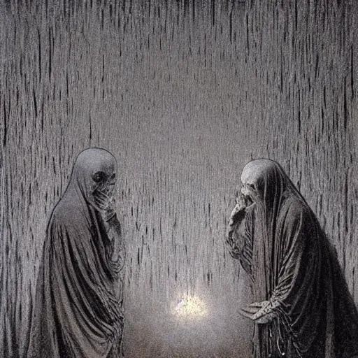 Image similar to spirits whose names they called in terror or welcome, until an angry priest cast a spell on them, art by beksinski and jean delville