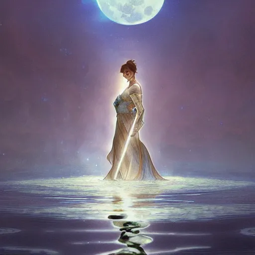 Prompt: excalibur rising from the middle of a lake under a giant full moon, rippling reflections, romantic, cinematic, intricate, elegant, highly detailed, artstation, concept art, smooth, sharp focus, art by alphonse mucha and Monia Merlo and Raymond Swanland and greg rutkowski