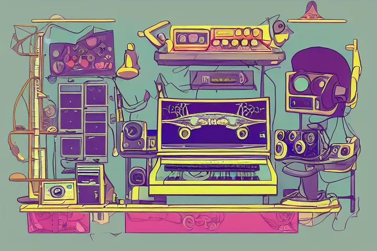 Image similar to musical production studio in steven universe video game art style, hiphop, hick outlines, color vector art, artstation, intricate details, illustration, 4 5 degree camera angle