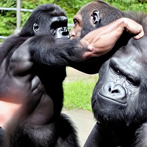 Image similar to a muscular man punches a raging gorilla in the face