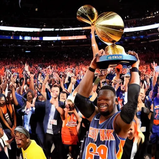 Image similar to julius randle lifting the nba trophy for the knicks, confetti dropping, getty images, full resolution