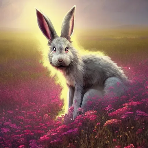 Image similar to A werewolf bunny transforming in a field of flowers. Academic painting by Greg Rutkowski, Mobile still frame. 4K UHD