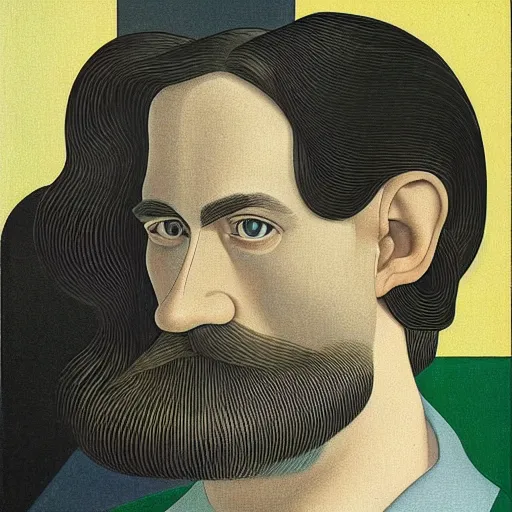 Image similar to young man, long hair!!!!, short facial hair, no mustache, dark green eyes, dark eyebrows, light widows peak light facial hair, in the style of mauritz cornelis escher, in - frame