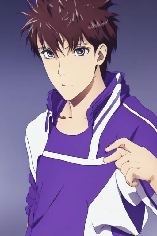 Image similar to portrait of a teen boy wearing a blue and white jumpsuit, brown spiky hair, tan skin, purple eyes, detailed, anime key visual, hisashi hirai