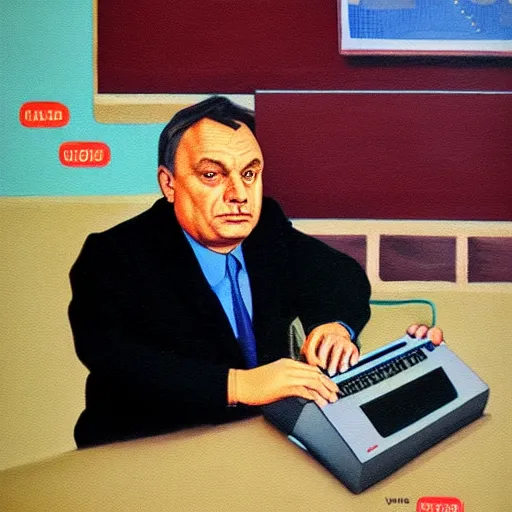 Image similar to viktor orban programming a commodore 6 4 in a cubicle, oil painting