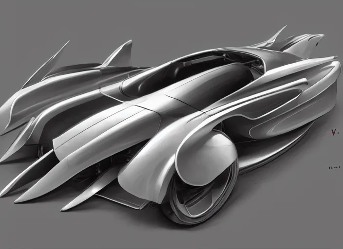 Prompt: automobile, studio, futuristic, art style by pablo carpio, car design by vergil exner, vintage car, industrial design concept, big engine, full view. blank background.