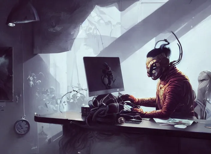 Image similar to an insanely detailed painting of an asian man wearing a homemade superhero costume, sitting at a desk, staring seriously at the computer and typing, in the style of peter mohrbacher, james jean, ruan jia, dramatic lighting and composition, surreal background, octane render, pixar, trending on artstation, concept art, comic book, view from behind, 8 k