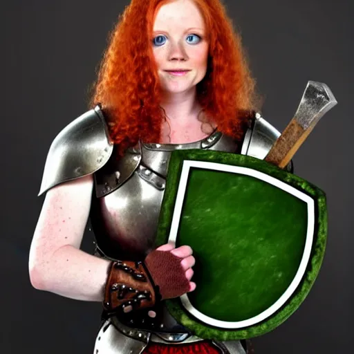 Prompt: dwarven woman, ginger hair, green eyes, holding hammer and shield with plate armour