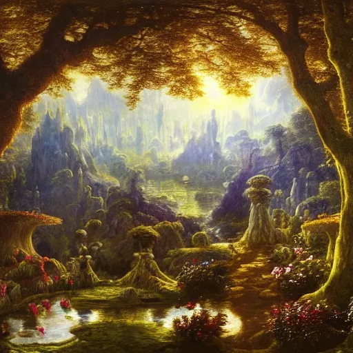 Image similar to a beautiful and highly ocd detailed matte painting of a magical garden of delights in a mystical forest in a dream like valley deep in the magical mountains of avalon, intricate details, epic scale, insanely complex, 8 k, sharp focus, hyperrealism, very realistic, by caspar friedrich, albert bierstadt, james gurney, brian froud,