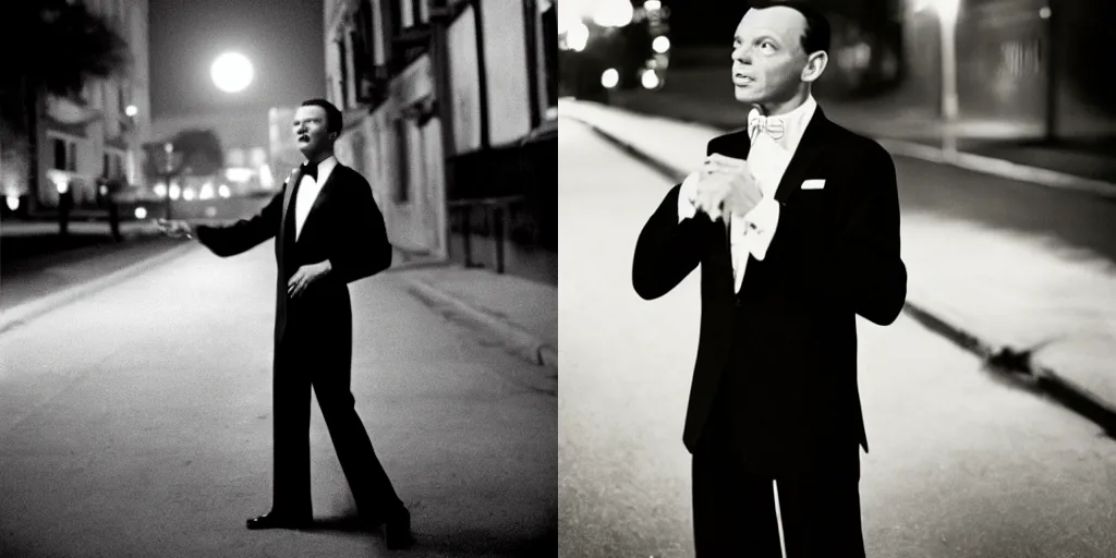 Prompt: A medium shot promo portrait of Frank Sinatra in a tuxedo, dancing under the moonlight in an empty street, 85mm, F 1.8, Fomapan 100 Action, Vignette, Harcourt archive