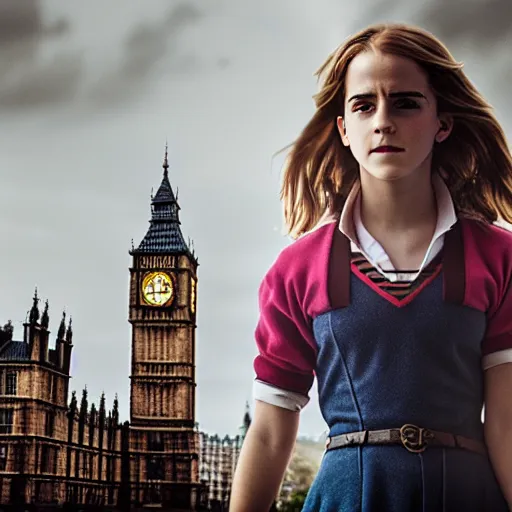 Image similar to Photograph of Emma Watson as Hermione Granger in front of Big Ben. Extremely detailed. Award winning. Cinematic. 4K. Lightroom.