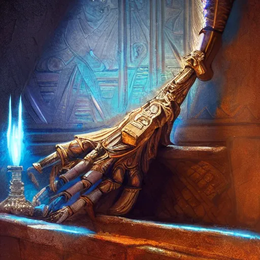 Prompt: fantasy movie scene greg rutkowski digital painting of an ornate and royal egyptian old twisted ornate runed wooden staff weapon with a blue crystal at it's tip laying on a stone altar, unreal engine, hyper realism, realistic shading, cinematic composition, blender render, octane render, hdr, detailed textures, photorealistic, 3 5 mm film