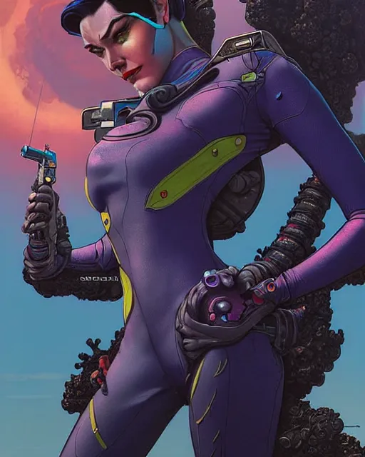 Image similar to widowmaker from overwatch, character portrait, portrait, close up, concept art, intricate details, highly detailed, vintage sci - fi poster, retro future, in the style of chris foss, rodger dean, moebius, michael whelan, and gustave dore