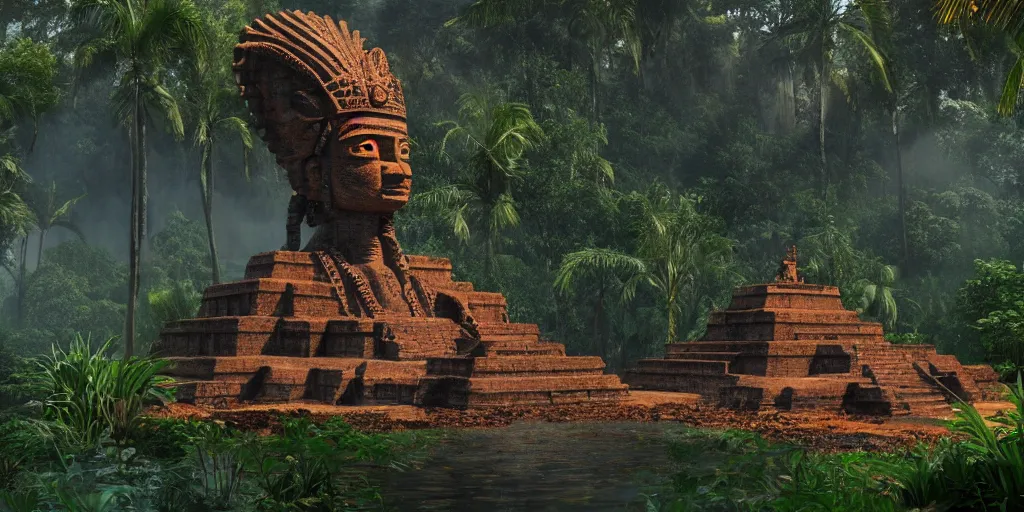 Image similar to mayan god statue in stone, surrounded by lush green vegetation, ground - level view, puddles of water, stunning volumetric lighting, sunset, trending on artstation, 8 k, photorealistic, hyper detailed, unreal engine 5, cinematic, epic lighting, cryengine, octane render, cyberpunk, red and orange glow, dark, gloomy