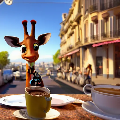 Image similar to a giraffe with big eyes looking for a cup of coffee in beautiful morning café in Paris. Pixar Disney 4K 3d render funny animation movie Oscar winning trending on ArtStation and Behance. Ratatouille style.