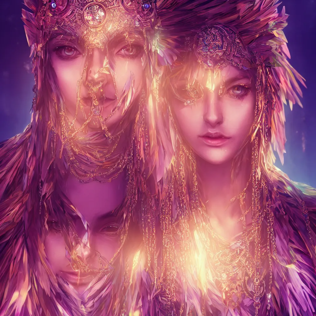 Image similar to portrait highly detailed beautiful symmetrical face high priestess intricate elegant detailed crystal jewellery with tribal feathers, lush colourful volumetric lighting, anime digital painting, concept art, smooth, sharp focus 3 d, divine realm of gods, realistic cinematic style, octane render, photographic, unreal engine 8 k