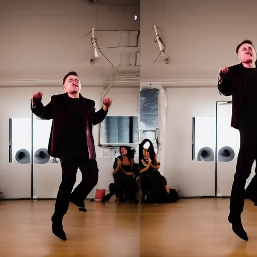 Prompt: Elon musk dancing, Polaroid, EOS-1D, f/1.4, ISO 200, 1/160s, 8K, RAW, unedited, symmetrical balance, in-frame